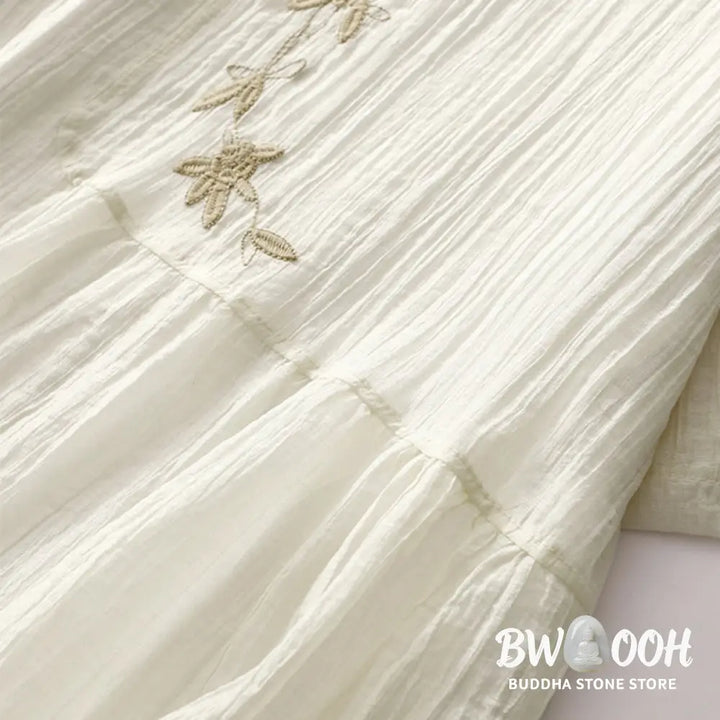 Buddha Stones Summer Casual Plain Embroidery Double Layer Short Sleeve Cotton Linen Midi Dress - Midi Dress