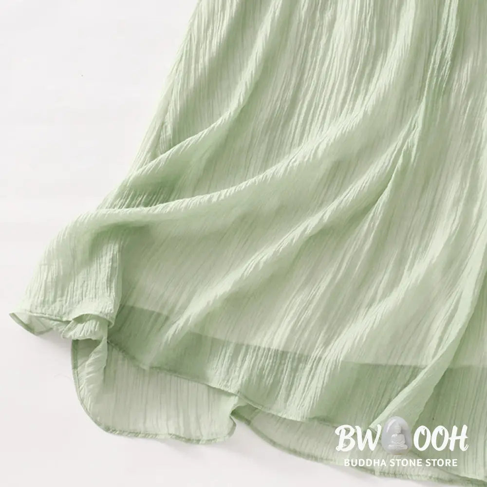Buddha Stones Summer Casual Plain Embroidery Double Layer Short Sleeve Cotton Linen Midi Dress - Midi Dress