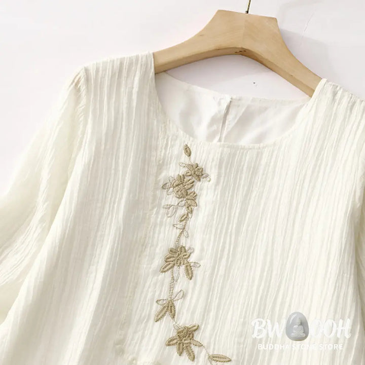 Buddha Stones Summer Casual Plain Embroidery Double Layer Short Sleeve Cotton Linen Midi Dress - Midi Dress