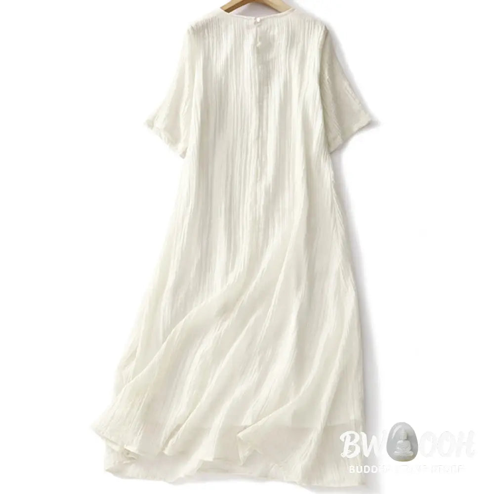 Buddha Stones Summer Casual Plain Embroidery Double Layer Short Sleeve Cotton Linen Midi Dress - Midi Dress