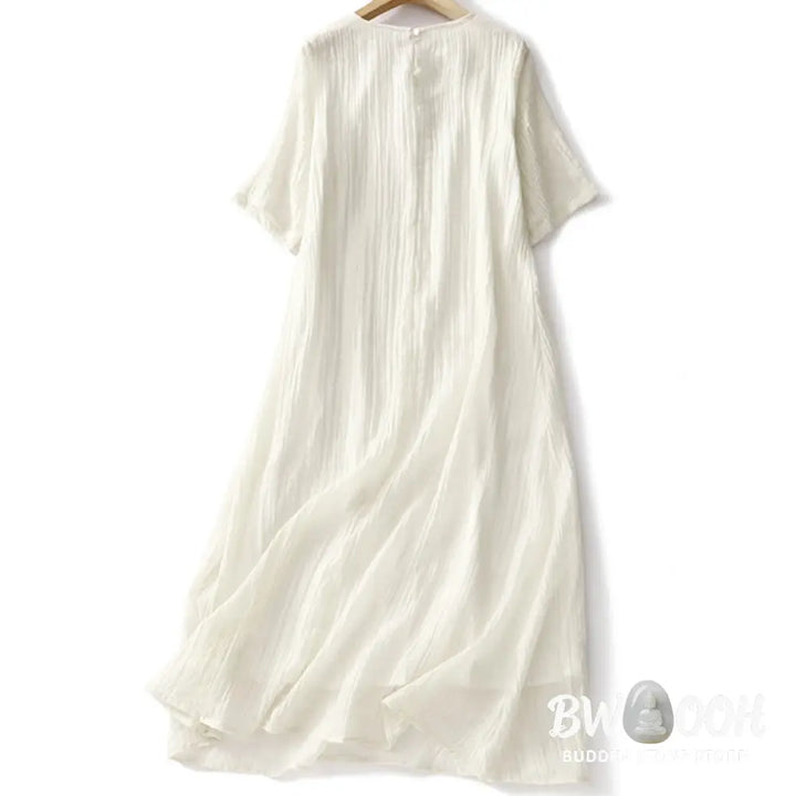 Buddha Stones Summer Casual Plain Embroidery Double Layer Short Sleeve Cotton Linen Midi Dress - Midi Dress