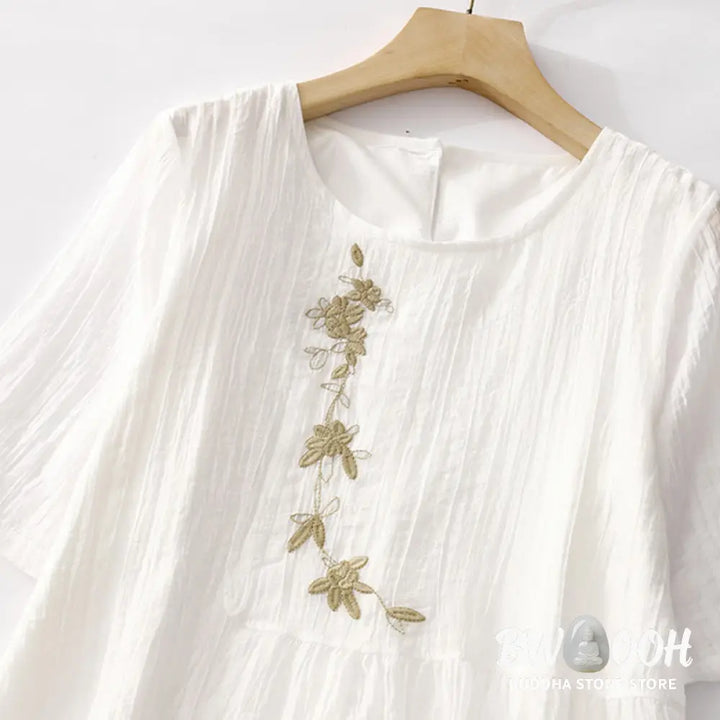 Buddha Stones Summer Casual Plain Embroidery Double Layer Short Sleeve Cotton Linen Midi Dress - Midi Dress