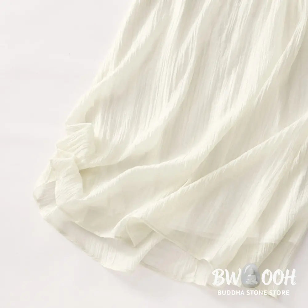 Buddha Stones Summer Casual Plain Embroidery Double Layer Short Sleeve Cotton Linen Midi Dress - Midi Dress