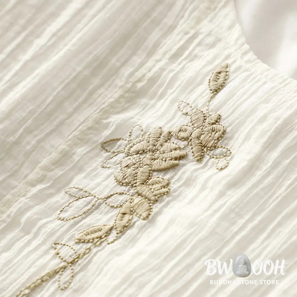 Buddha Stones Summer Casual Plain Embroidery Double Layer Short Sleeve Cotton Linen Midi Dress - Midi Dress