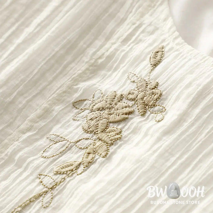 Buddha Stones Summer Casual Plain Embroidery Double Layer Short Sleeve Cotton Linen Midi Dress - Midi Dress