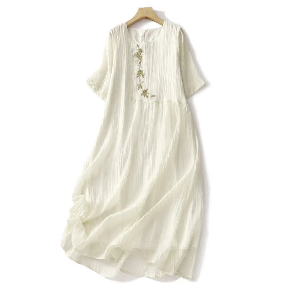 Buddha Stones Summer Casual Plain Embroidery Double Layer Short Sleeve Cotton Linen Midi Dress - LightYellow