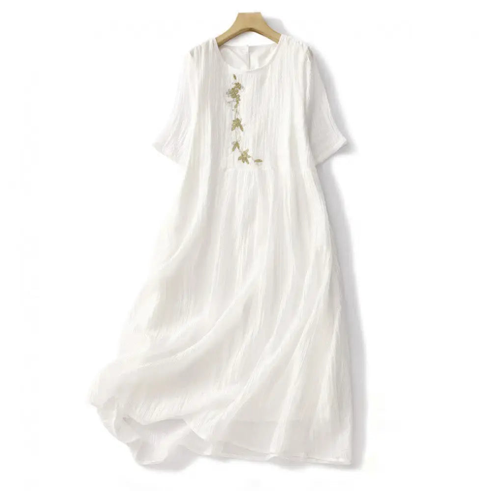 Buddha Stones Summer Casual Plain Embroidery Double Layer Short Sleeve Cotton Linen Midi Dress - White