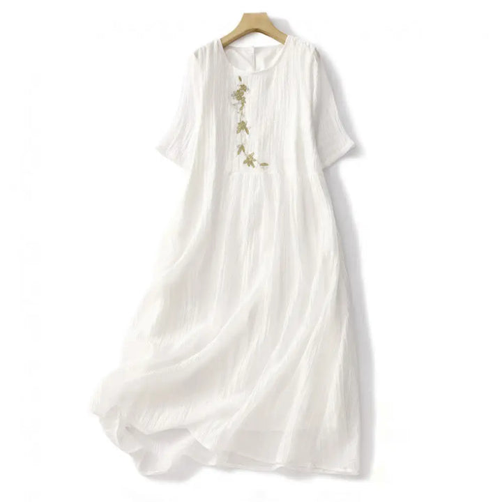 Buddha Stones Summer Casual Plain Embroidery Double Layer Short Sleeve Cotton Linen Midi Dress - White