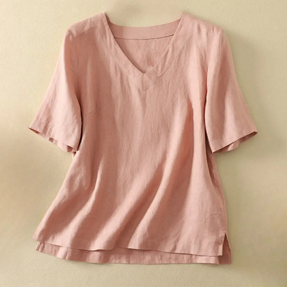 Buddha Stones Summer Casual Plain Women’s V-neck Design Half Sleeve T-shirt - Pink / US4，UK/AU8，EU36 (L) - Women’s