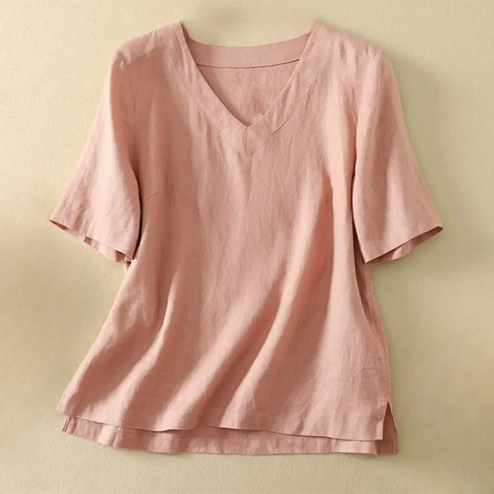 Buddha Stones Summer Casual Plain Women’s V-neck Design Half Sleeve T-shirt - Pink / US4，UK/AU8，EU36 (L) - Women’s