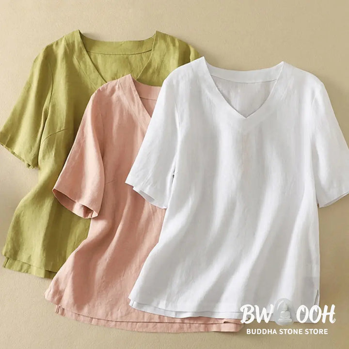Buddha Stones Summer Casual Plain Women’s V-neck Design Half Sleeve T-shirt - Women’s T-Shirts