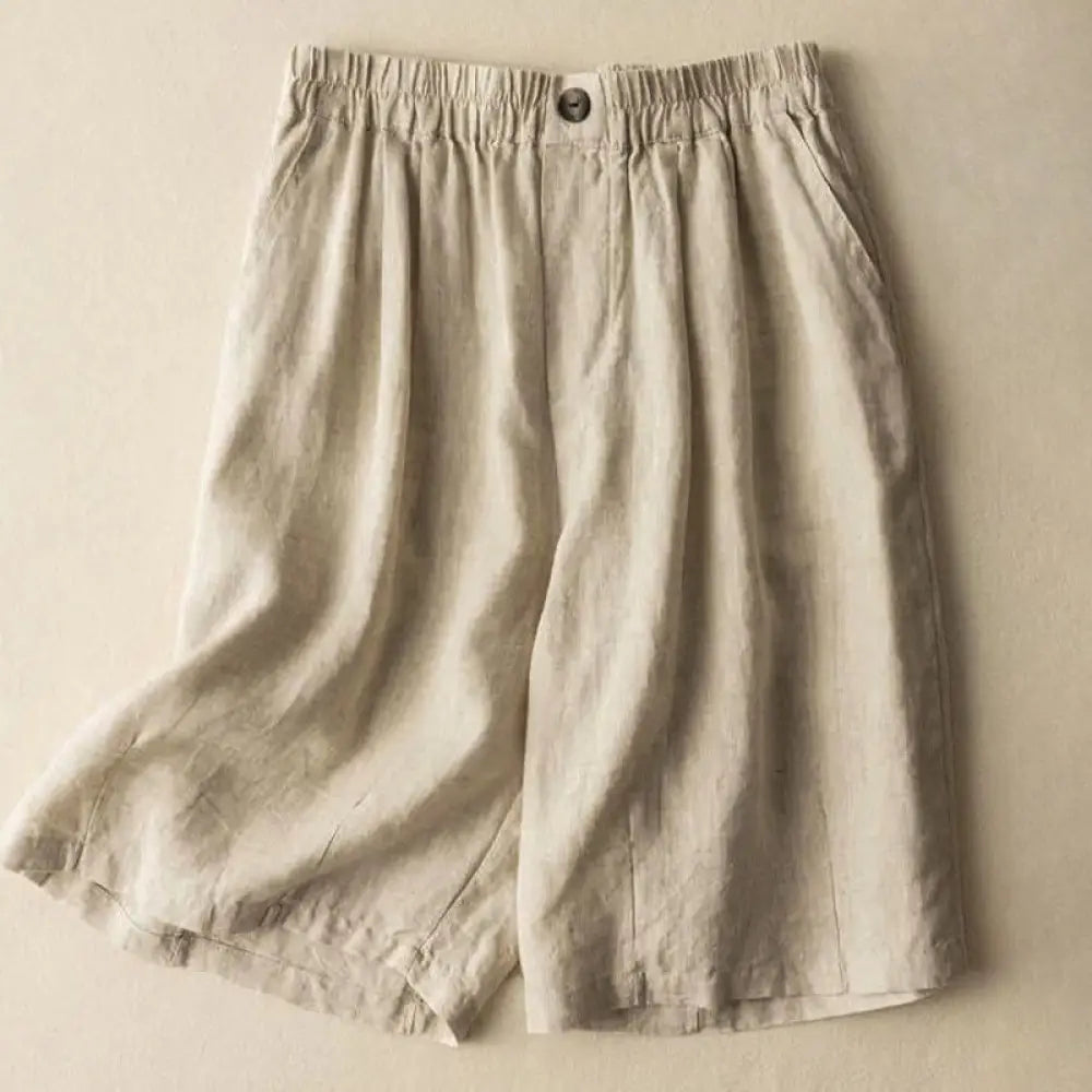 Buddha Stones Summer Casual Plain Zipper Button Cotton Linen Women’s Shorts With Pockets - Beige / US2，UK/AU6，EU34 (L)
