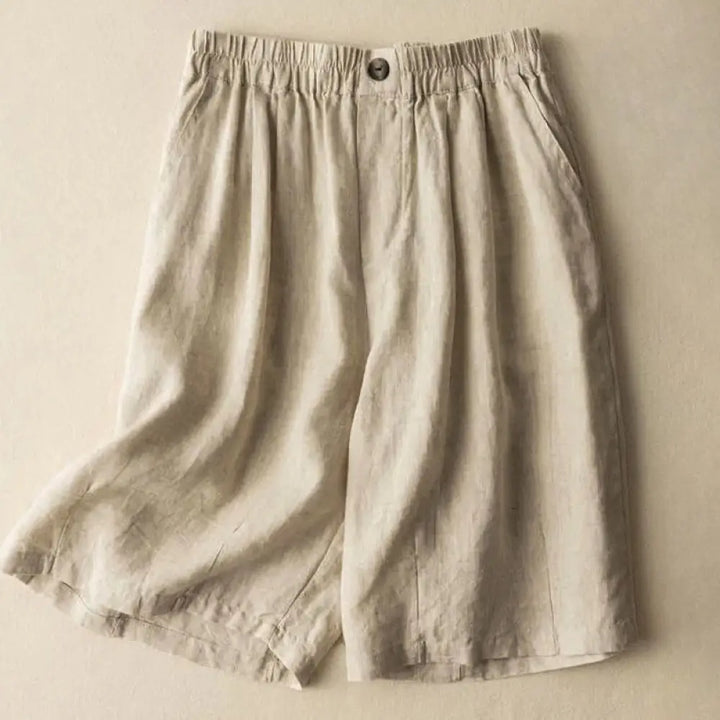 Buddha Stones Summer Casual Plain Zipper Button Cotton Linen Women’s Shorts With Pockets - Beige / US2，UK/AU6，EU34 (L)