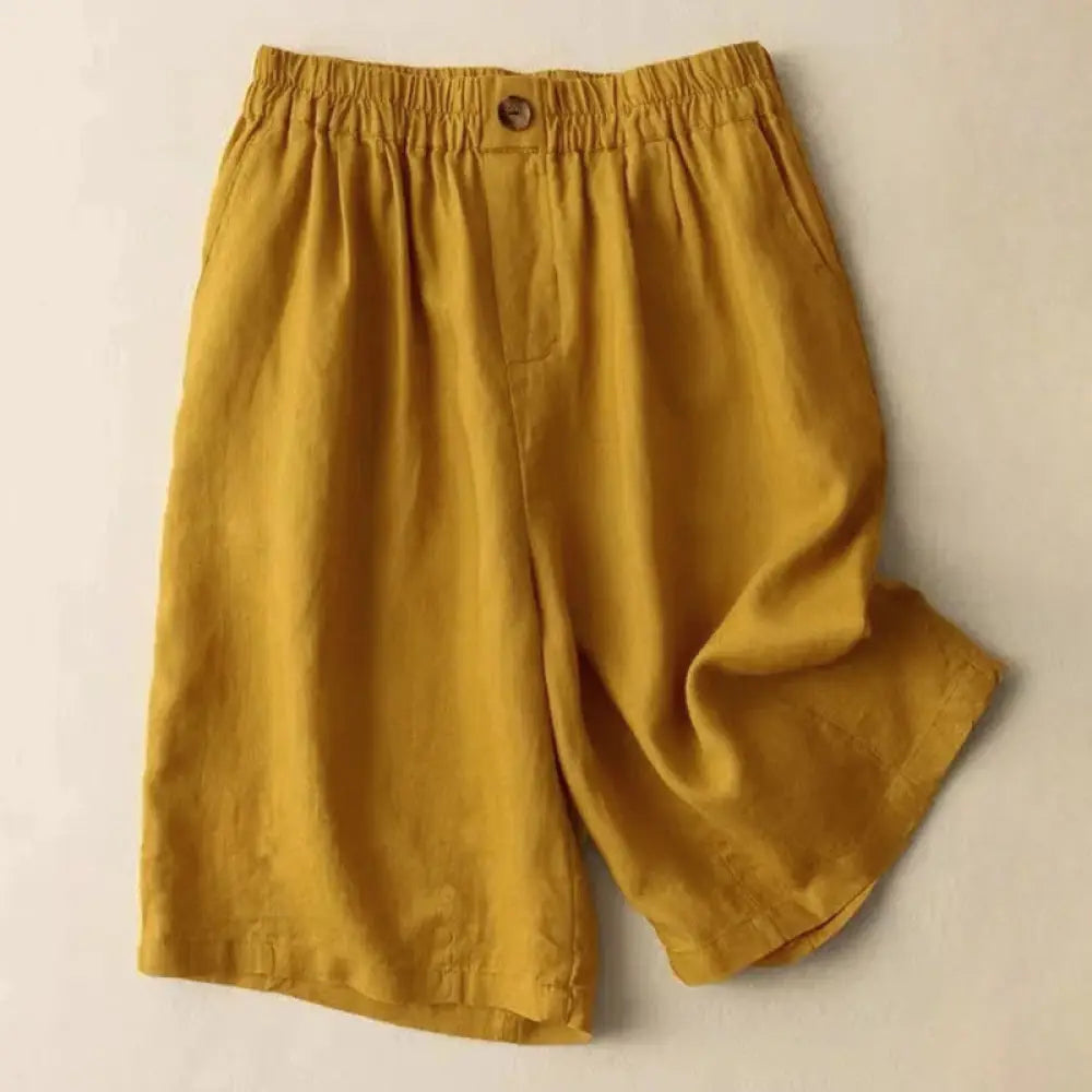 Buddha Stones Summer Casual Plain Zipper Button Cotton Linen Women’s Shorts With Pockets - Goldenrod / US2，UK/AU6，EU34