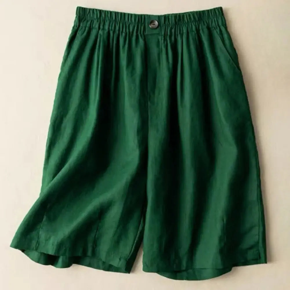 Buddha Stones Summer Casual Plain Zipper Button Cotton Linen Women’s Shorts With Pockets - Green / US2，UK/AU6，EU34 (L)