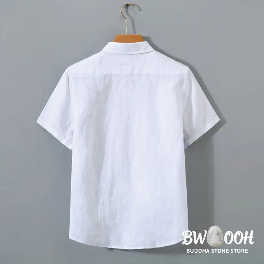 Buddha Stones Summer Casual Pure Color Button Cotton Men’s Short Sleeve Shirt WIth Pocket - Men’s Shirts