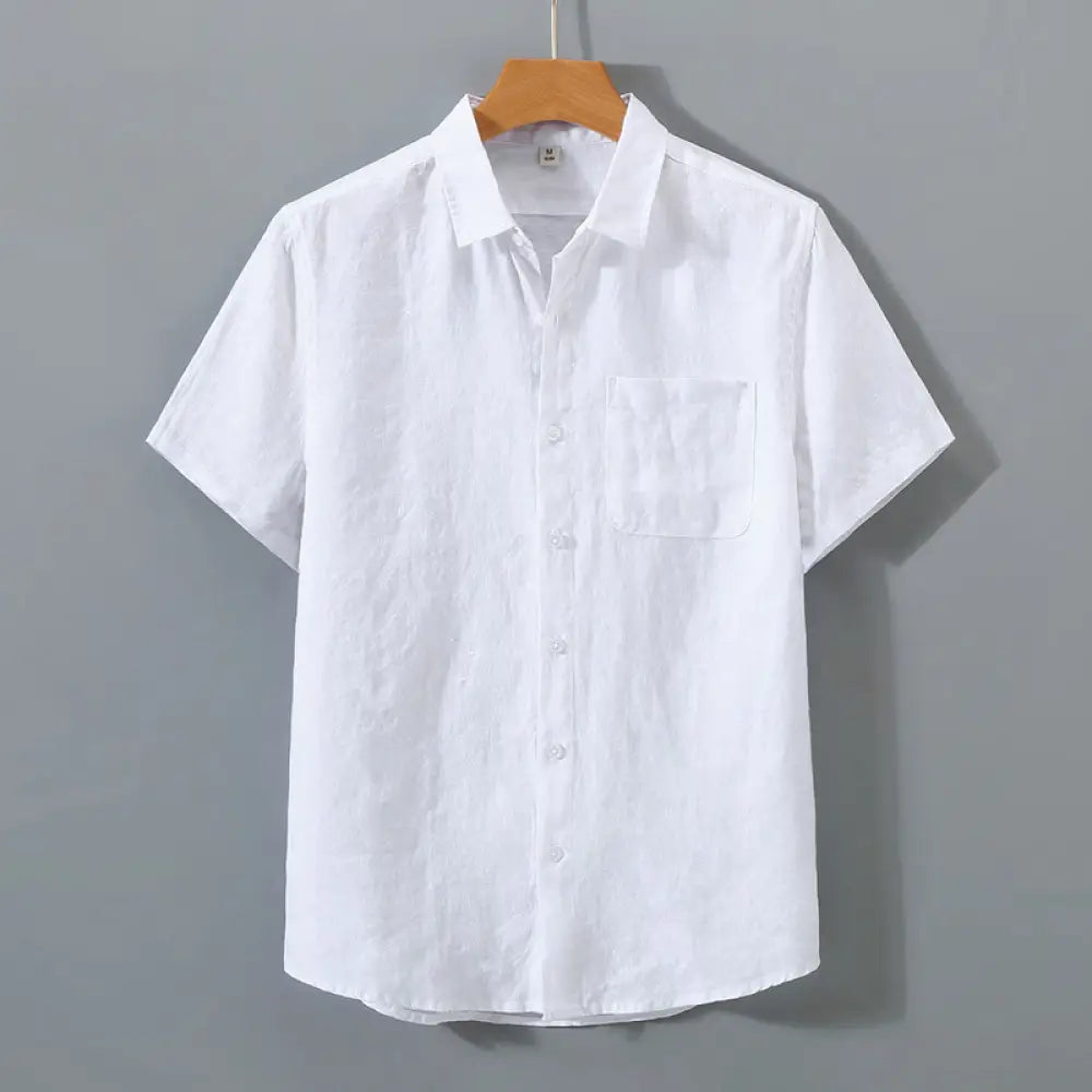 Buddha Stones Summer Casual Pure Color Button Cotton Men’s Short Sleeve Shirt WIth Pocket - White / US/UK/AU34，EU44 (L)