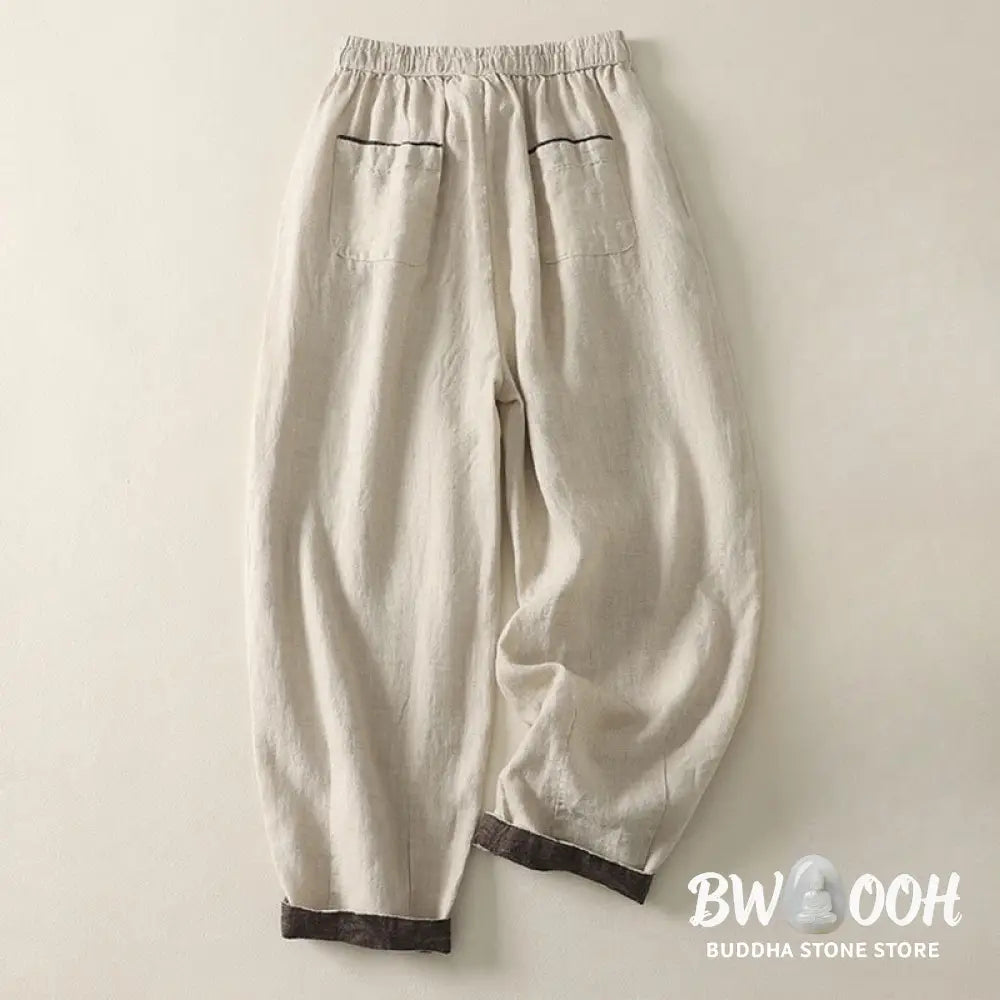 Buddha Stones Summer Casual Pure Color Drawstring 9 Length Cotton Linen Women’s Harem Pants With Pockets - Women’s