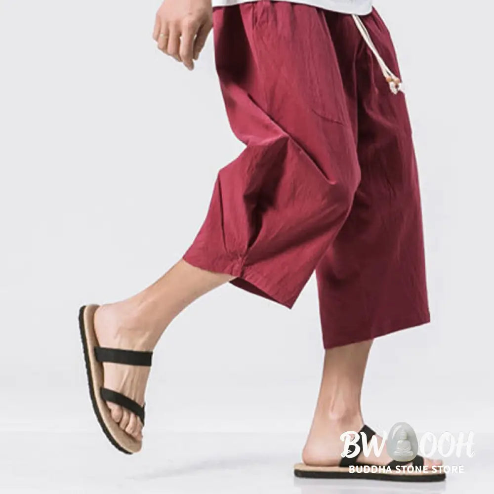 Buddha Stones Summer Casual Simple Plain Design 7-8 Length Men’s Drawstring Pants With Pockets - Men’s Pants