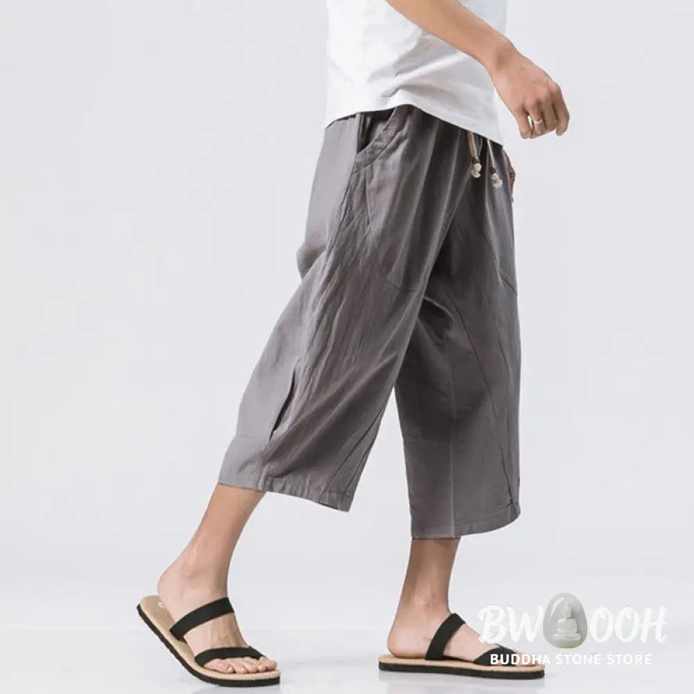 Buddha Stones Summer Casual Simple Plain Design 7-8 Length Men’s Drawstring Pants With Pockets - Men’s Pants
