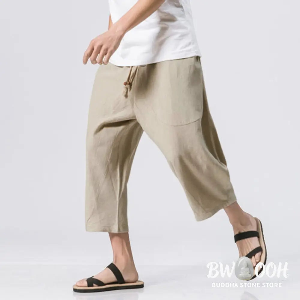Buddha Stones Summer Casual Simple Plain Design 7-8 Length Men’s Drawstring Pants With Pockets - Men’s Pants