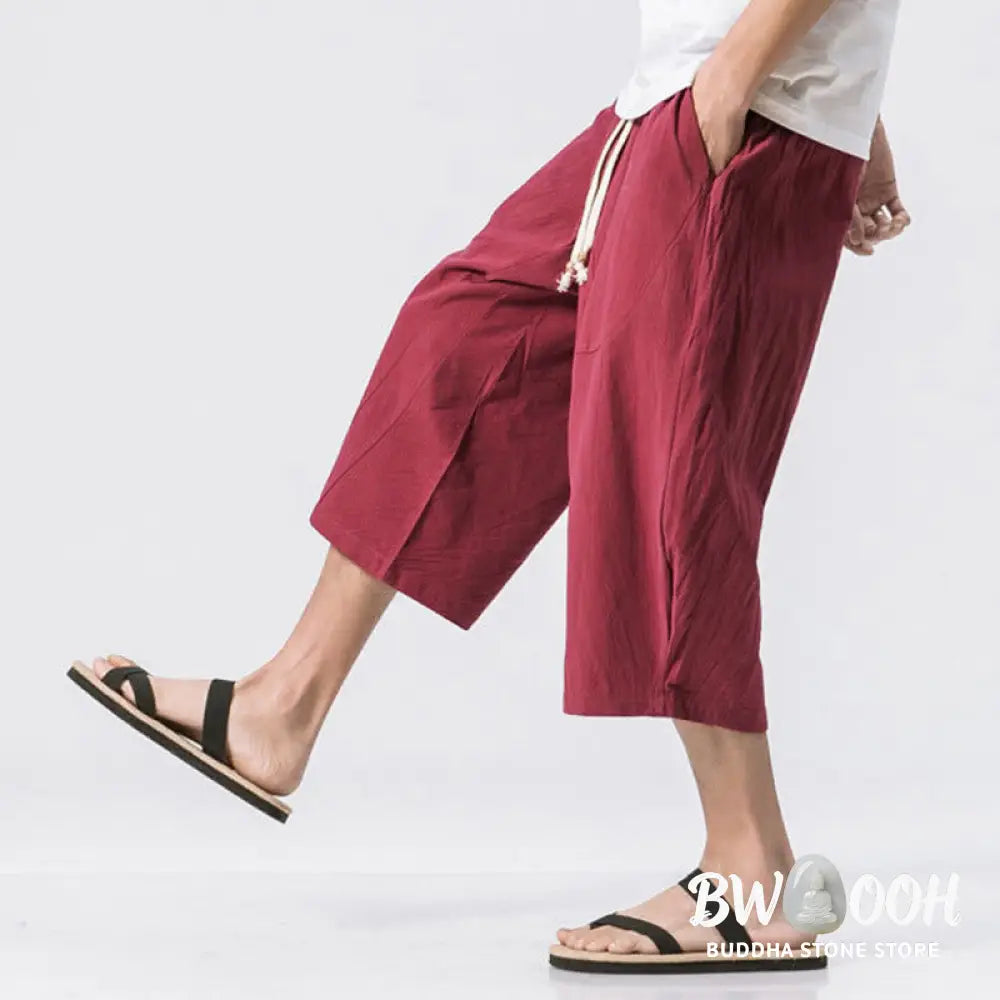 Buddha Stones Summer Casual Simple Plain Design 7-8 Length Men’s Drawstring Pants With Pockets - Men’s Pants