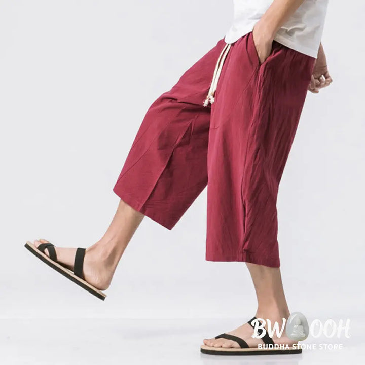 Buddha Stones Summer Casual Simple Plain Design 7-8 Length Men’s Drawstring Pants With Pockets - Men’s Pants