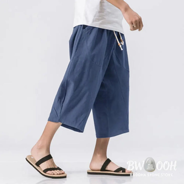 Buddha Stones Summer Casual Simple Plain Design 7-8 Length Men’s Drawstring Pants With Pockets - Men’s Pants