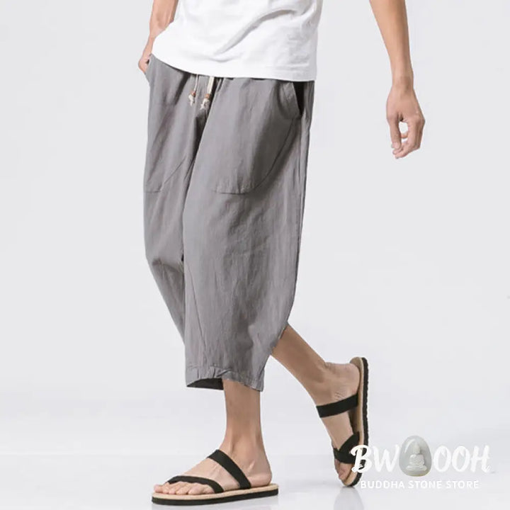 Buddha Stones Summer Casual Simple Plain Design 7-8 Length Men’s Drawstring Pants With Pockets - Men’s Pants
