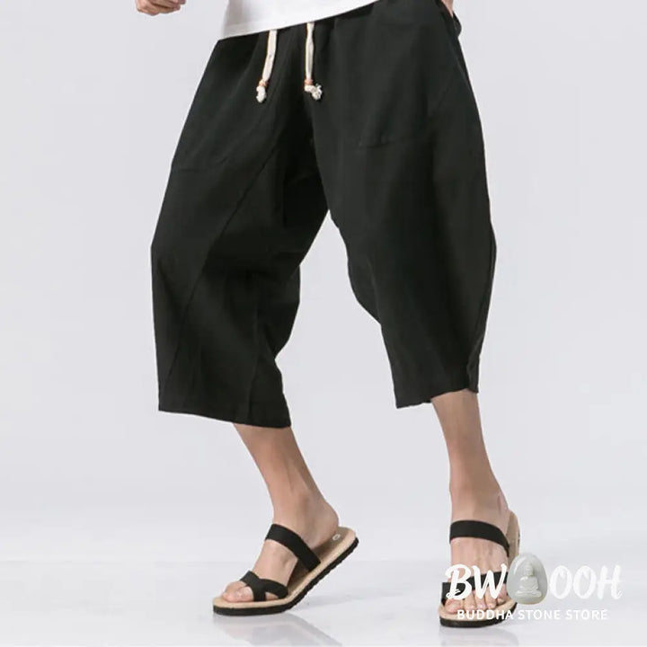 Buddha Stones Summer Casual Simple Plain Design 7-8 Length Men’s Drawstring Pants With Pockets - Men’s Pants