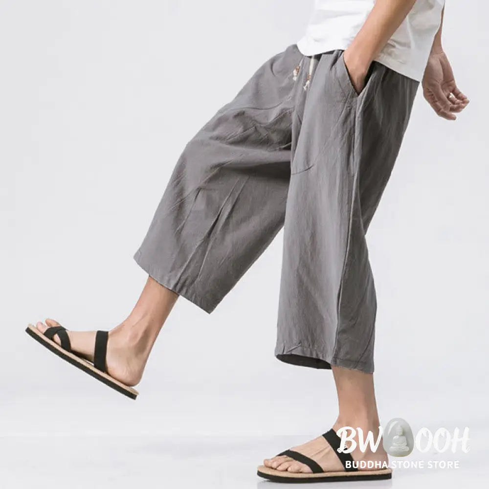 Buddha Stones Summer Casual Simple Plain Design 7-8 Length Men’s Drawstring Pants With Pockets - Men’s Pants