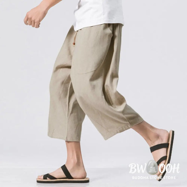 Buddha Stones Summer Casual Simple Plain Design 7-8 Length Men’s Drawstring Pants With Pockets - Men’s Pants
