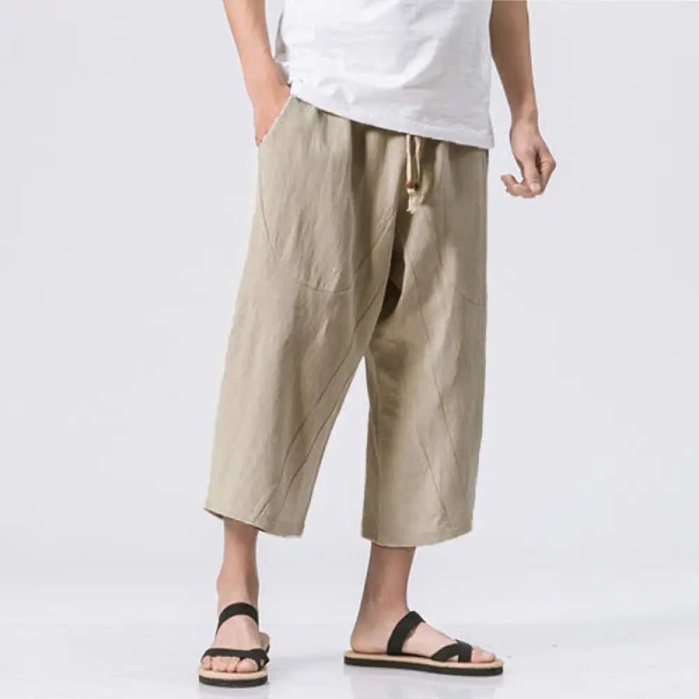 Buddha Stones Summer Casual Simple Plain Design 7-8 Length Men’s Drawstring Pants With Pockets - Beige