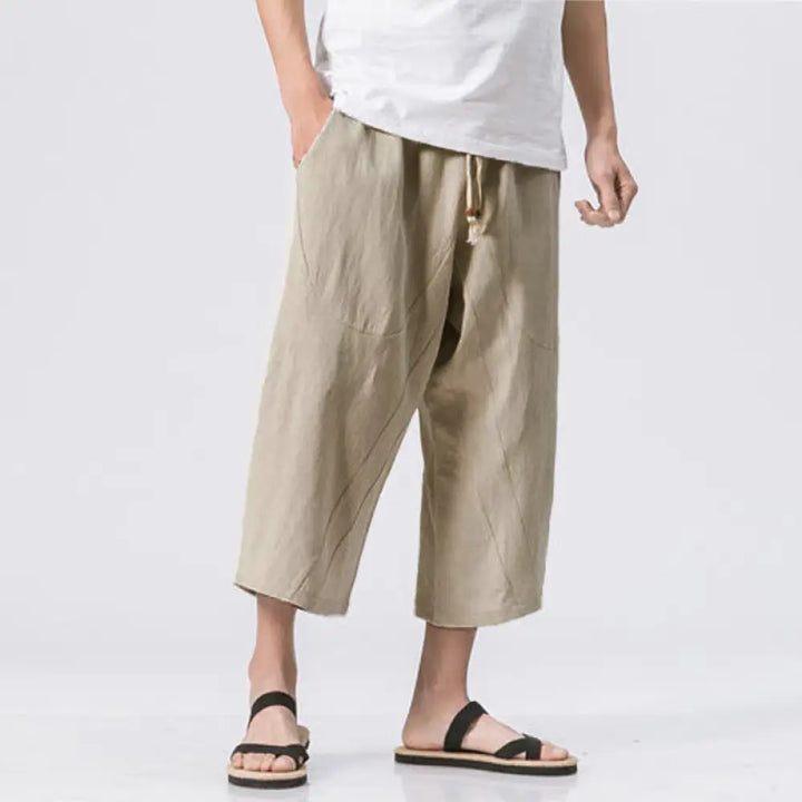 Buddha Stones Summer Casual Simple Plain Design 7-8 Length Men’s Drawstring Pants With Pockets - Beige