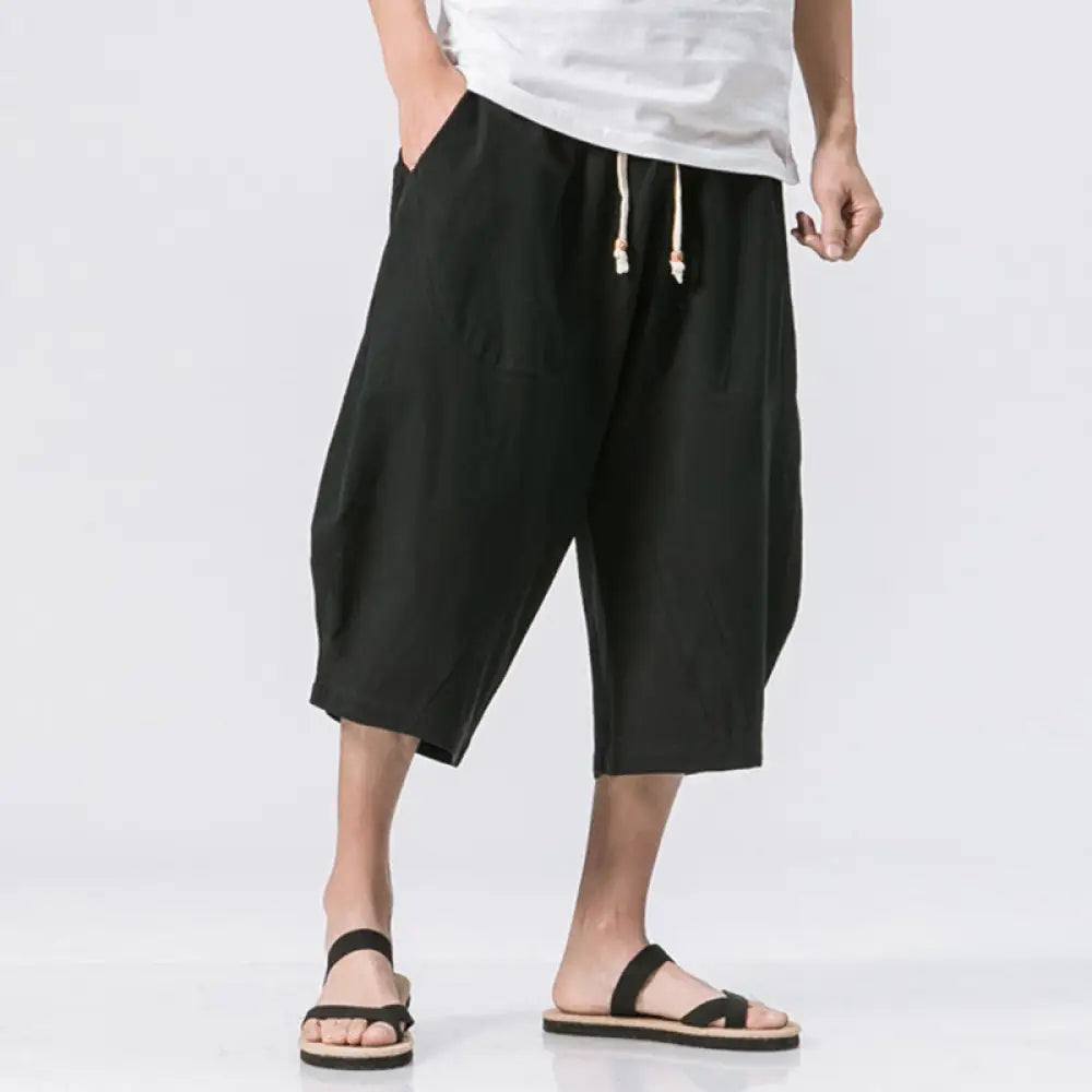 Buddha Stones Summer Casual Simple Plain Design 7-8 Length Men’s Drawstring Pants With Pockets - Black