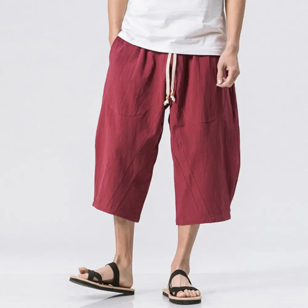 Buddha Stones Summer Casual Simple Plain Design 7-8 Length Men’s Drawstring Pants With Pockets - Crimson