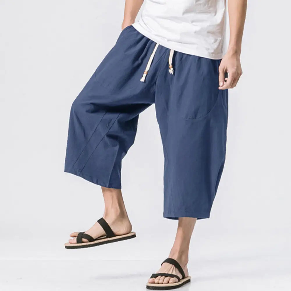 Buddha Stones Summer Casual Simple Plain Design 7-8 Length Men’s Drawstring Pants With Pockets - MidnightBlue