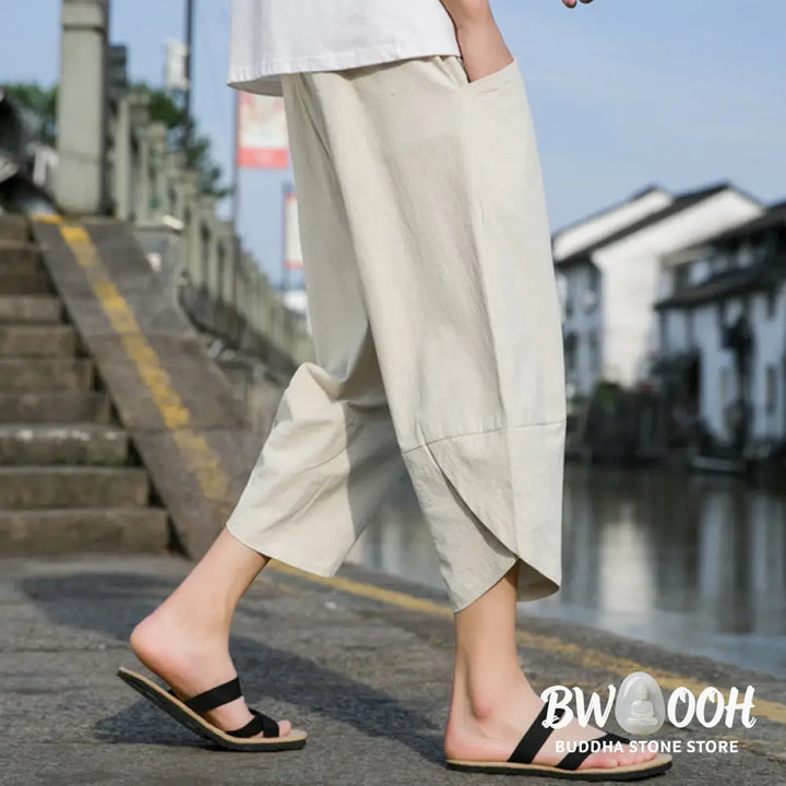 Buddha Stones Summer Casual Simple Plain Tapered Design Drawstring Men’s 7-8 Length Cotton Linen Pants With Pockets