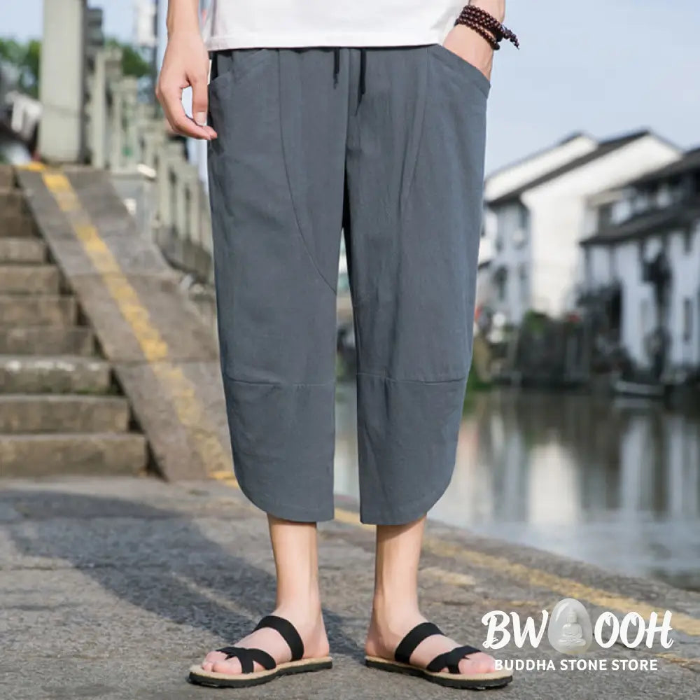 Buddha Stones Summer Casual Simple Plain Tapered Design Drawstring Men’s 7-8 Length Cotton Linen Pants With Pockets