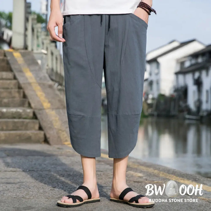Buddha Stones Summer Casual Simple Plain Tapered Design Drawstring Men’s 7-8 Length Cotton Linen Pants With Pockets