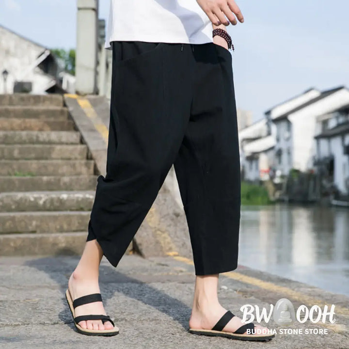 Buddha Stones Summer Casual Simple Plain Tapered Design Drawstring Men’s 7-8 Length Cotton Linen Pants With Pockets