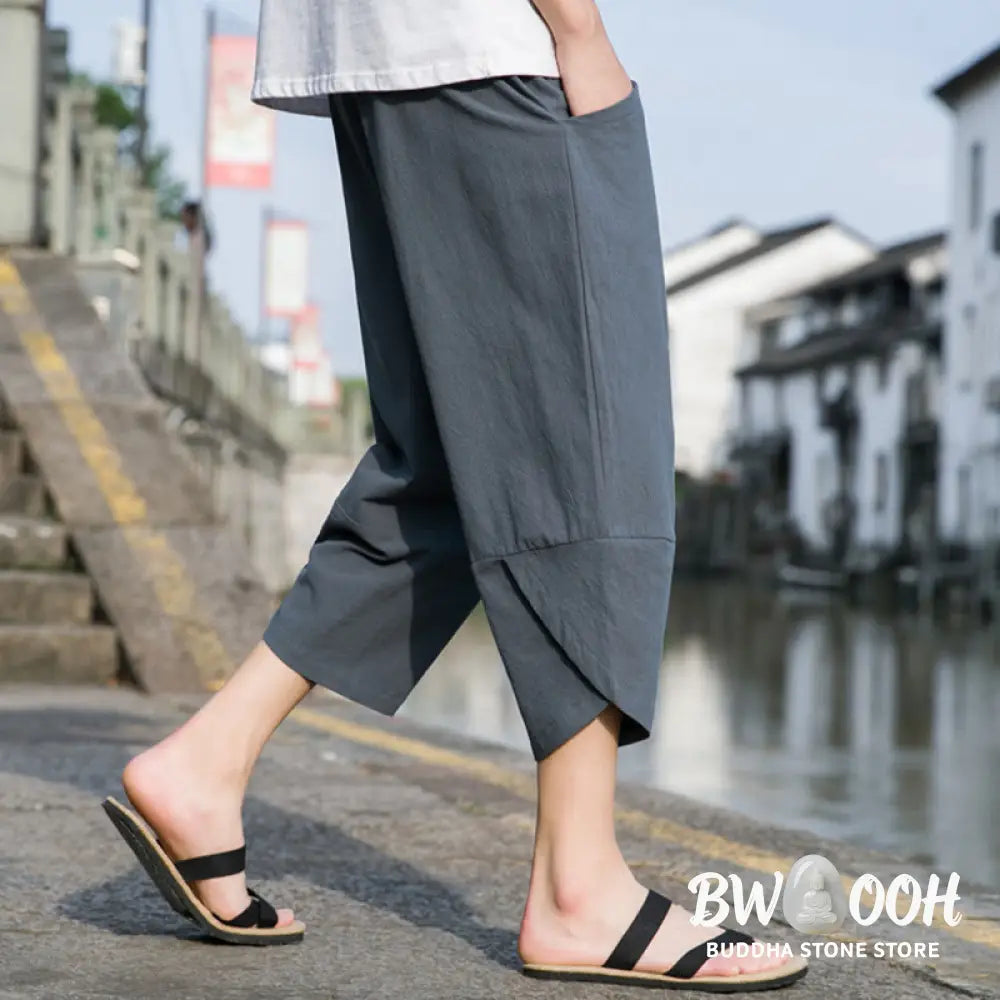 Buddha Stones Summer Casual Simple Plain Tapered Design Drawstring Men’s 7-8 Length Cotton Linen Pants With Pockets