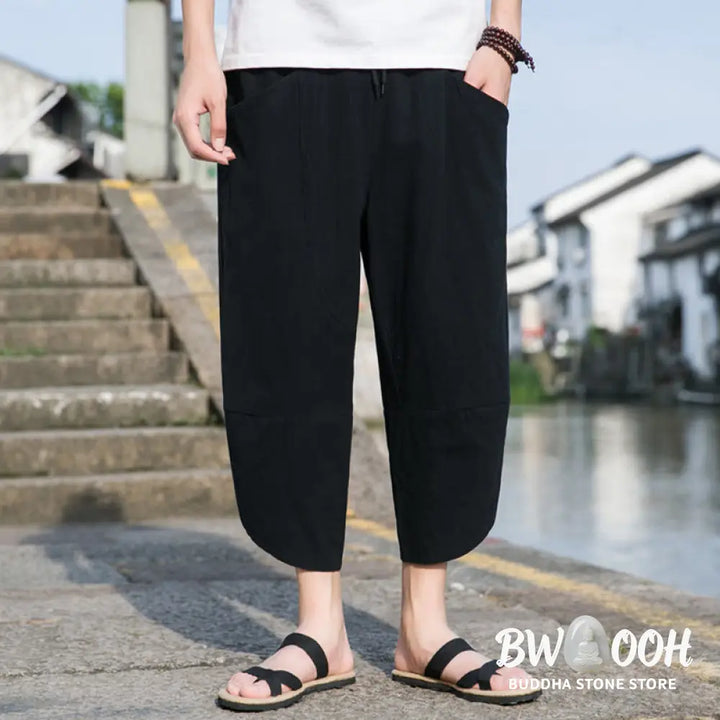 Buddha Stones Summer Casual Simple Plain Tapered Design Drawstring Men’s 7-8 Length Cotton Linen Pants With Pockets