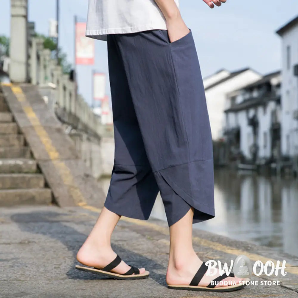 Buddha Stones Summer Casual Simple Plain Tapered Design Drawstring Men’s 7-8 Length Cotton Linen Pants With Pockets