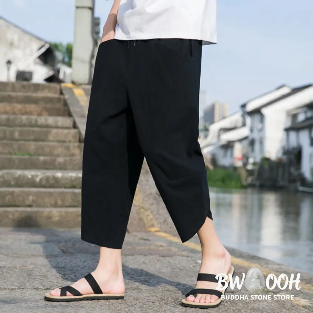 Buddha Stones Summer Casual Simple Plain Tapered Design Drawstring Men’s 7-8 Length Cotton Linen Pants With Pockets