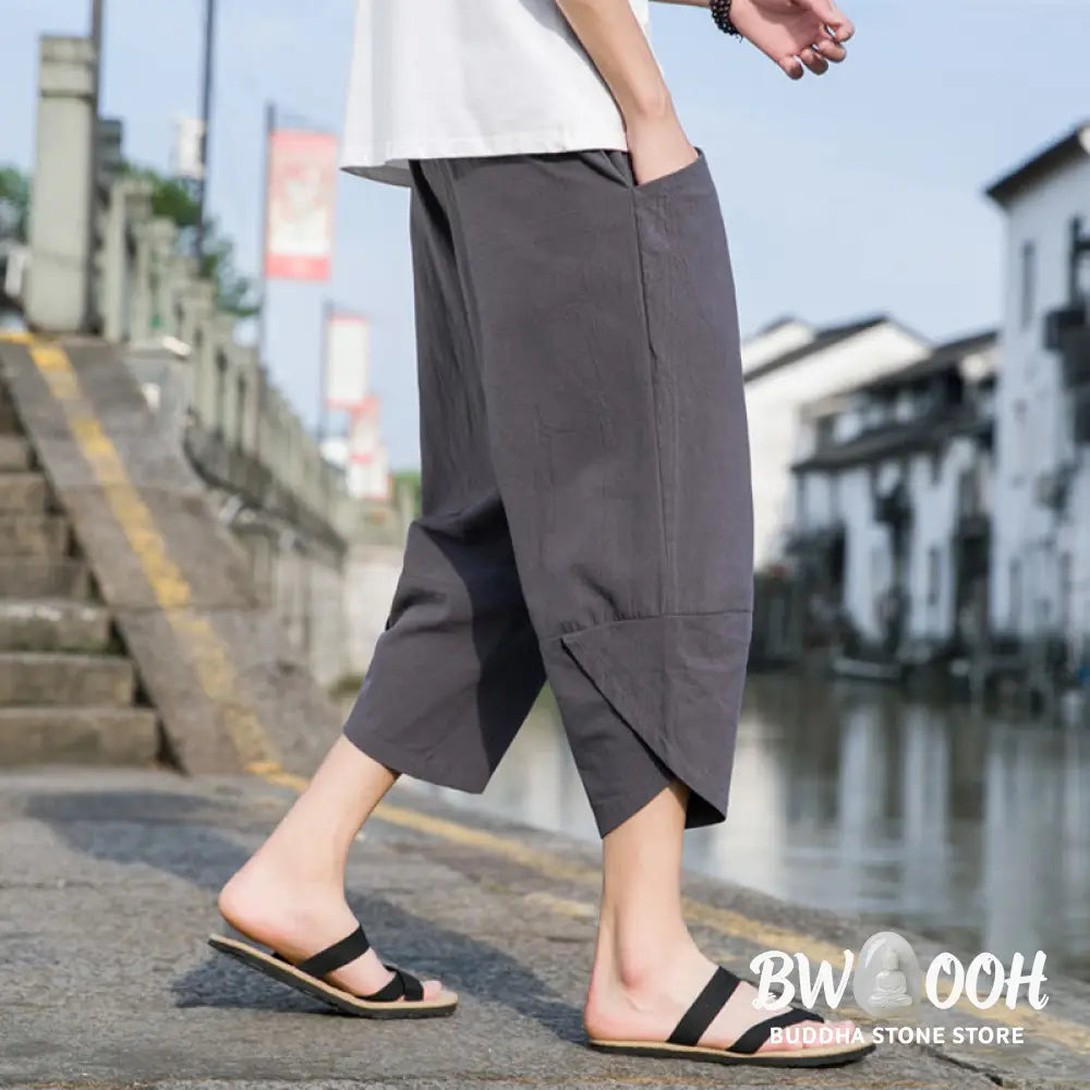 Buddha Stones Summer Casual Simple Plain Tapered Design Drawstring Men’s 7-8 Length Cotton Linen Pants With Pockets