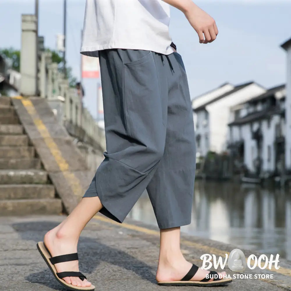 Buddha Stones Summer Casual Simple Plain Tapered Design Drawstring Men’s 7-8 Length Cotton Linen Pants With Pockets