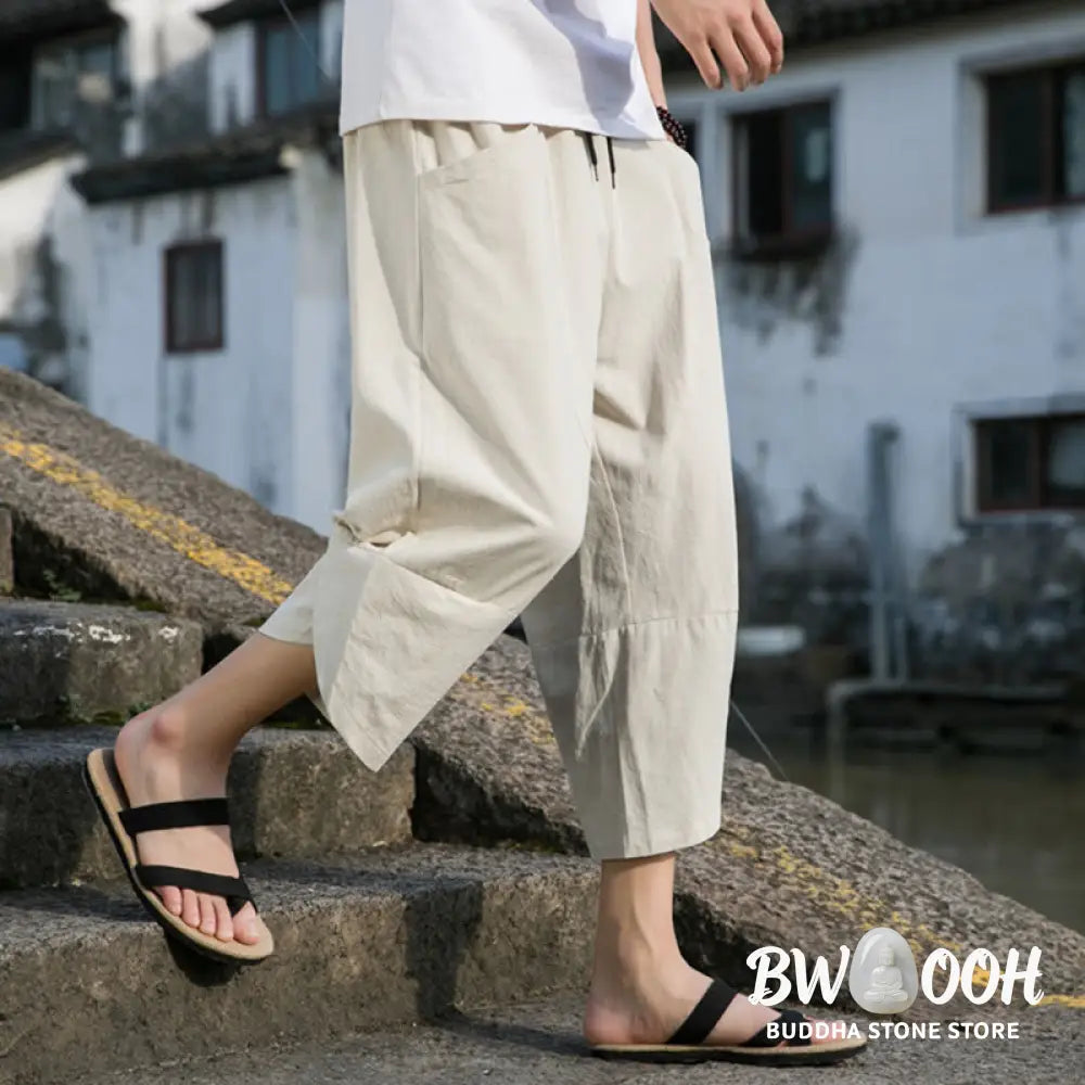 Buddha Stones Summer Casual Simple Plain Tapered Design Drawstring Men’s 7-8 Length Cotton Linen Pants With Pockets
