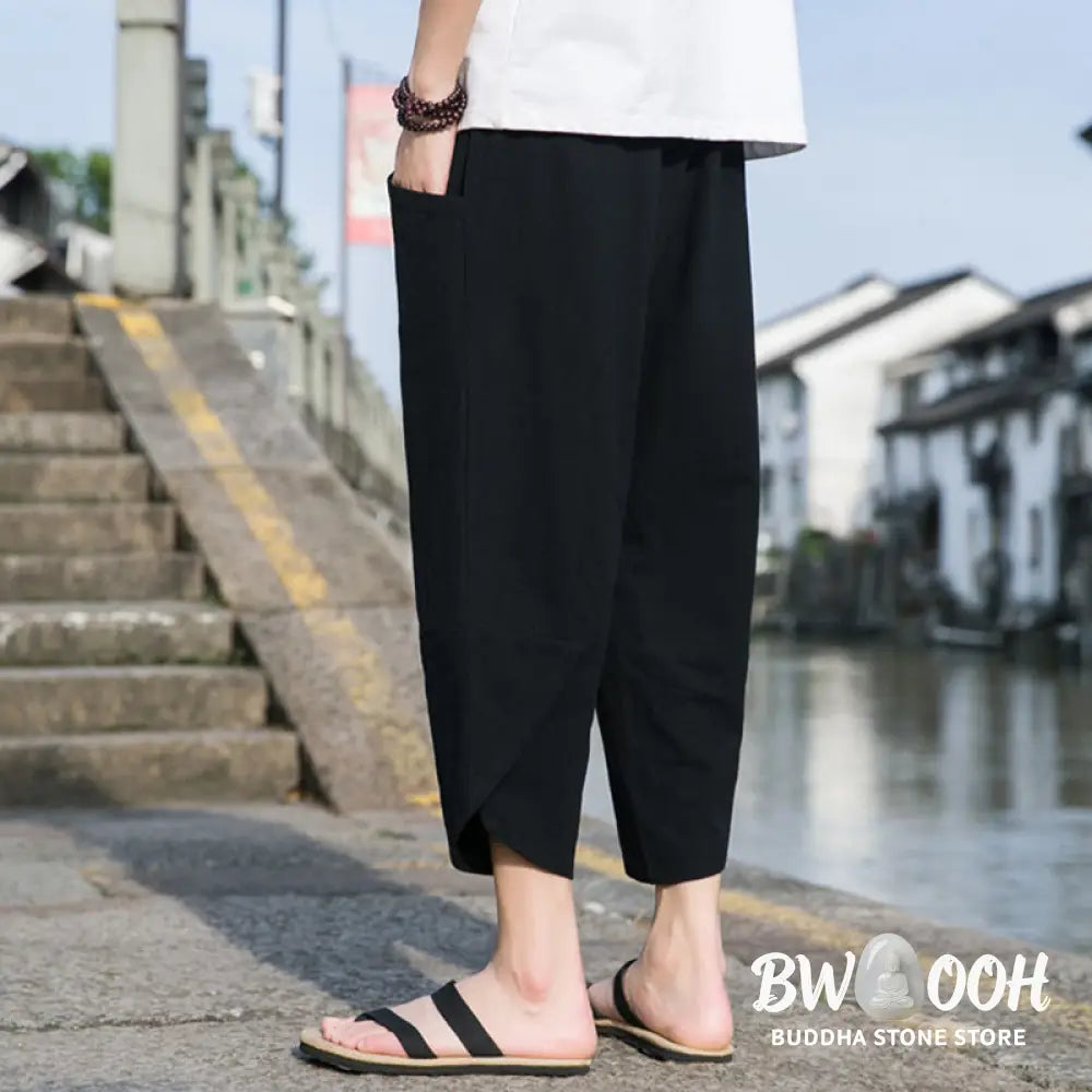 Buddha Stones Summer Casual Simple Plain Tapered Design Drawstring Men’s 7-8 Length Cotton Linen Pants With Pockets