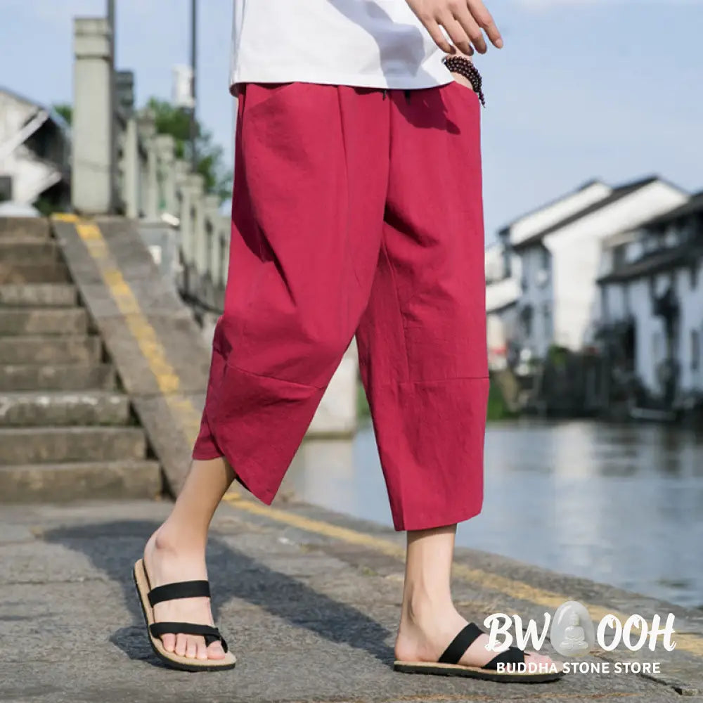 Buddha Stones Summer Casual Simple Plain Tapered Design Drawstring Men’s 7-8 Length Cotton Linen Pants With Pockets
